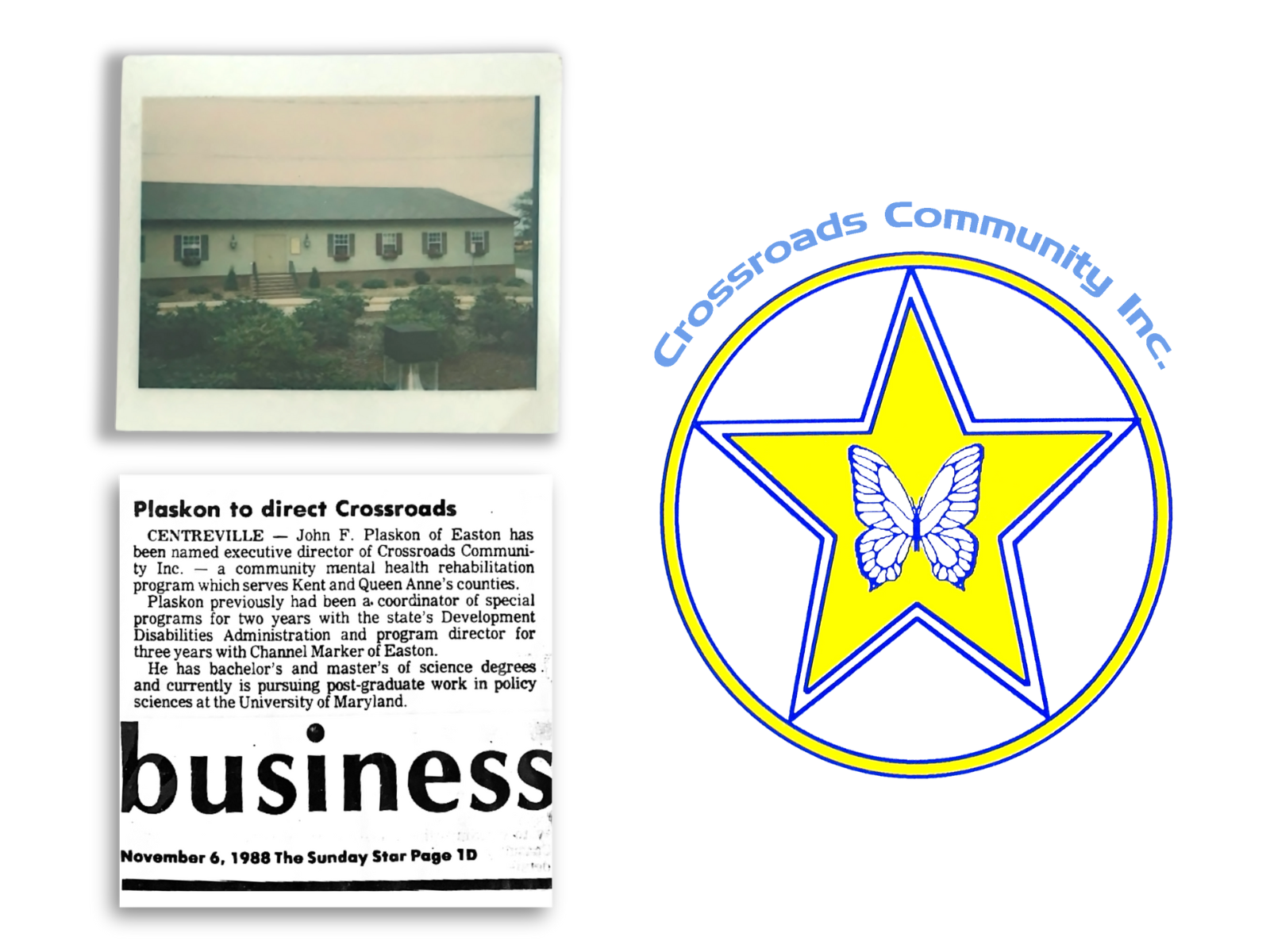 Historical collage featuring Crossroads Community Inc.’s original building, 1988 newspaper article, and early butterfly-star logo.