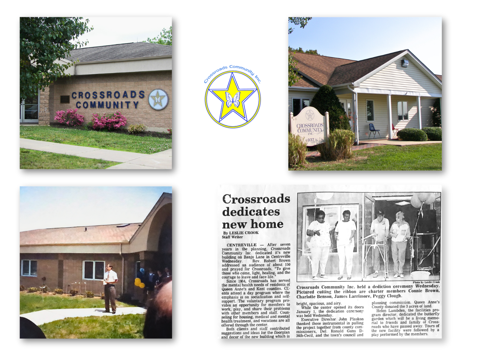 Collage of Crossroads Community Inc. buildings, logo, and newspaper article from the Centreville site dedication.