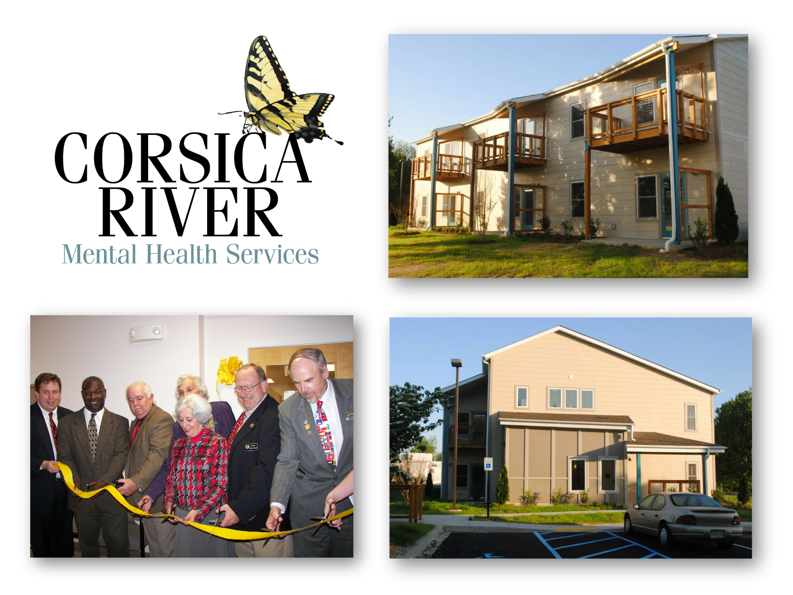 Logos of Corsica River Mental Health Services with photos of Banjo Lane Apartments and CRMHS ribbon-cutting ceremony.