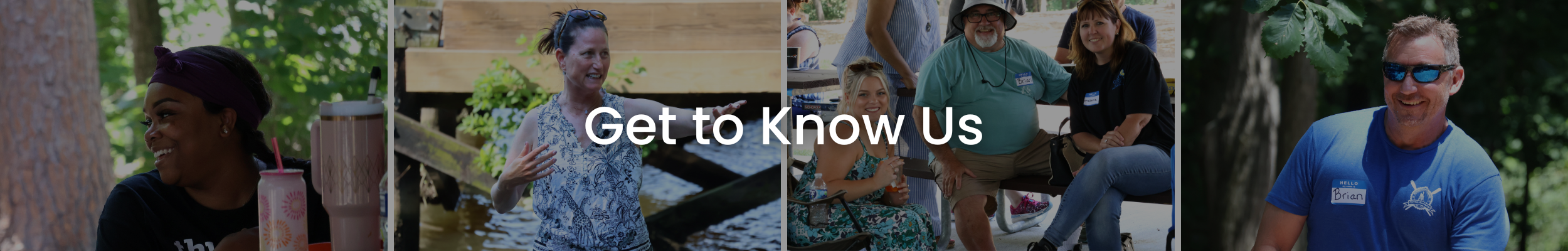 Team members smiling and connecting outdoors, with the words "Get to Know Us" overlaid