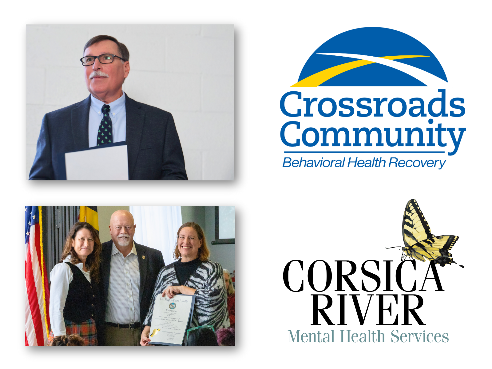Collage showing Crossroads Community and Corsica River Mental Health Services logos with staff and leadership photos at recognition events