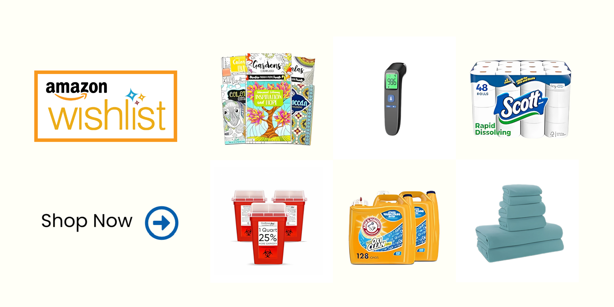 Amazon Wishlist graphic with household essentials including coloring books, thermometer, toilet paper, cleaning supplies, and bedding