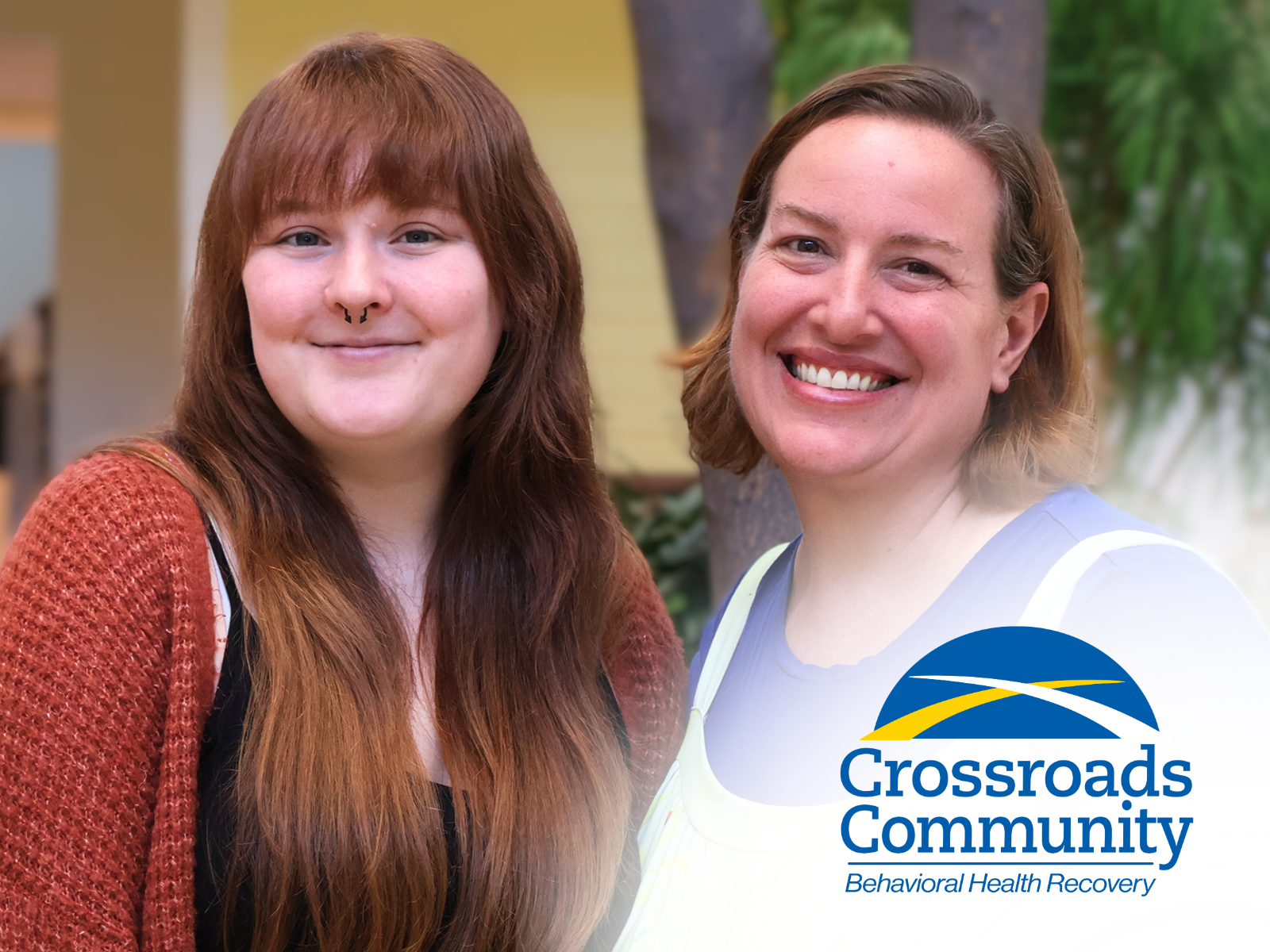 Two smiling women representing Crossroads Community Behavioral Health Recovery with organizational logo
