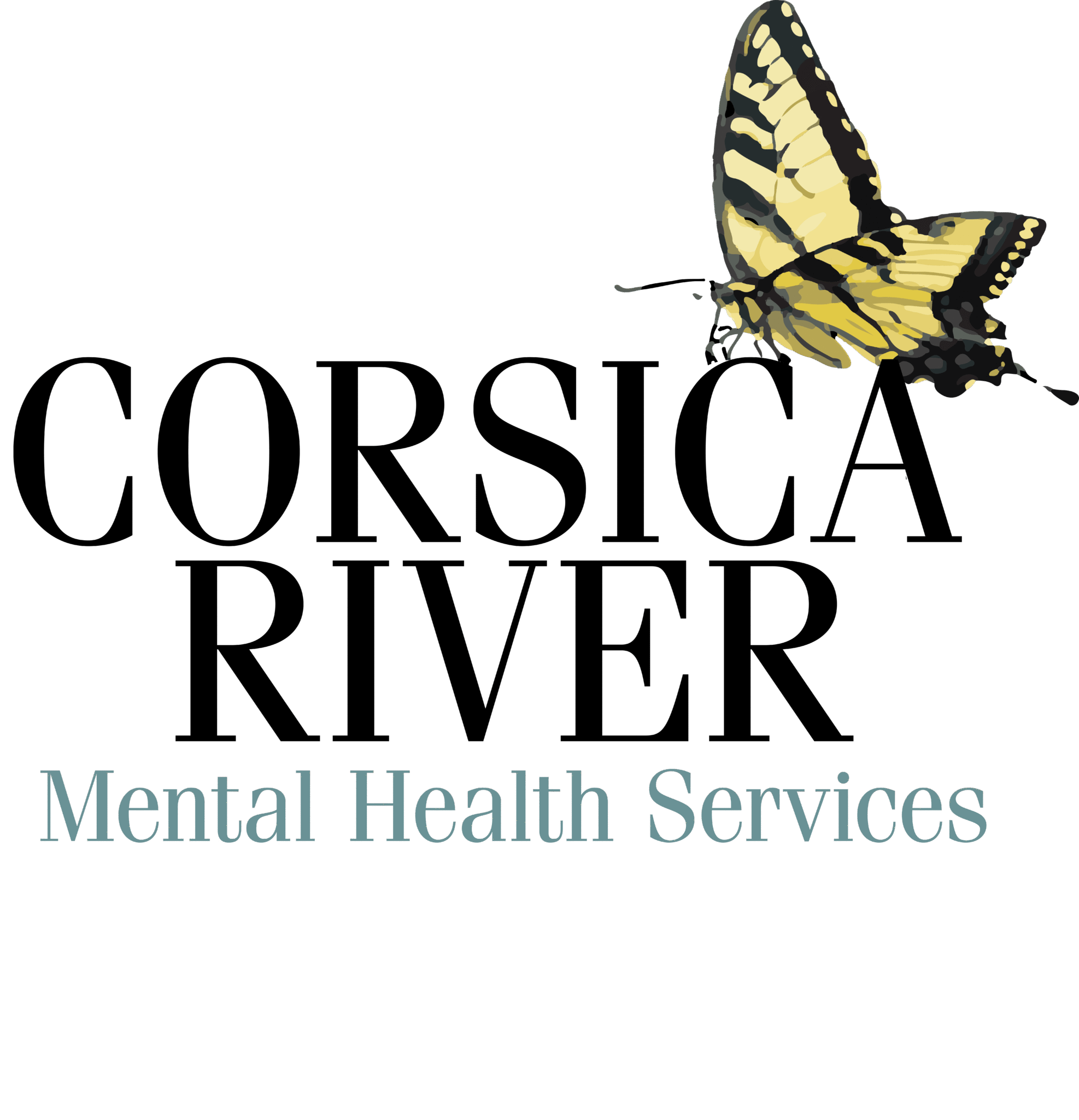Corsica River Mental Health Services logo with yellow and black butterfly