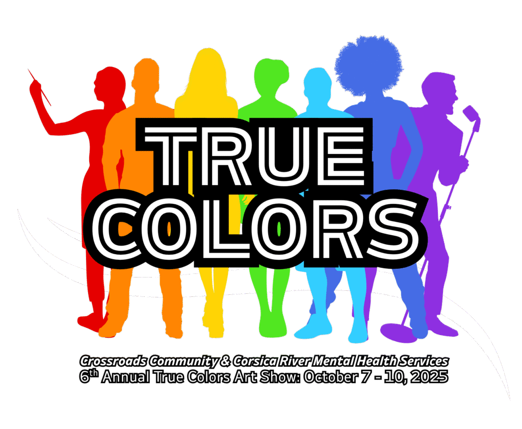 True Colors 2025 Art Show logo with rainbow silhouettes of artists and creators promoting the 6th Annual event
