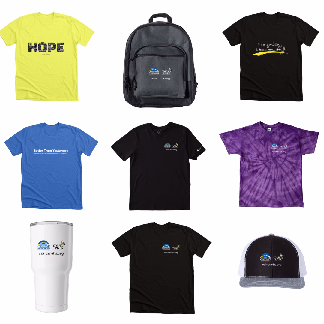 Collage of Crossroads Community and Corsica River store items, including branded shirts, a backpack, tumbler, and hat featuring messages of hope and support.