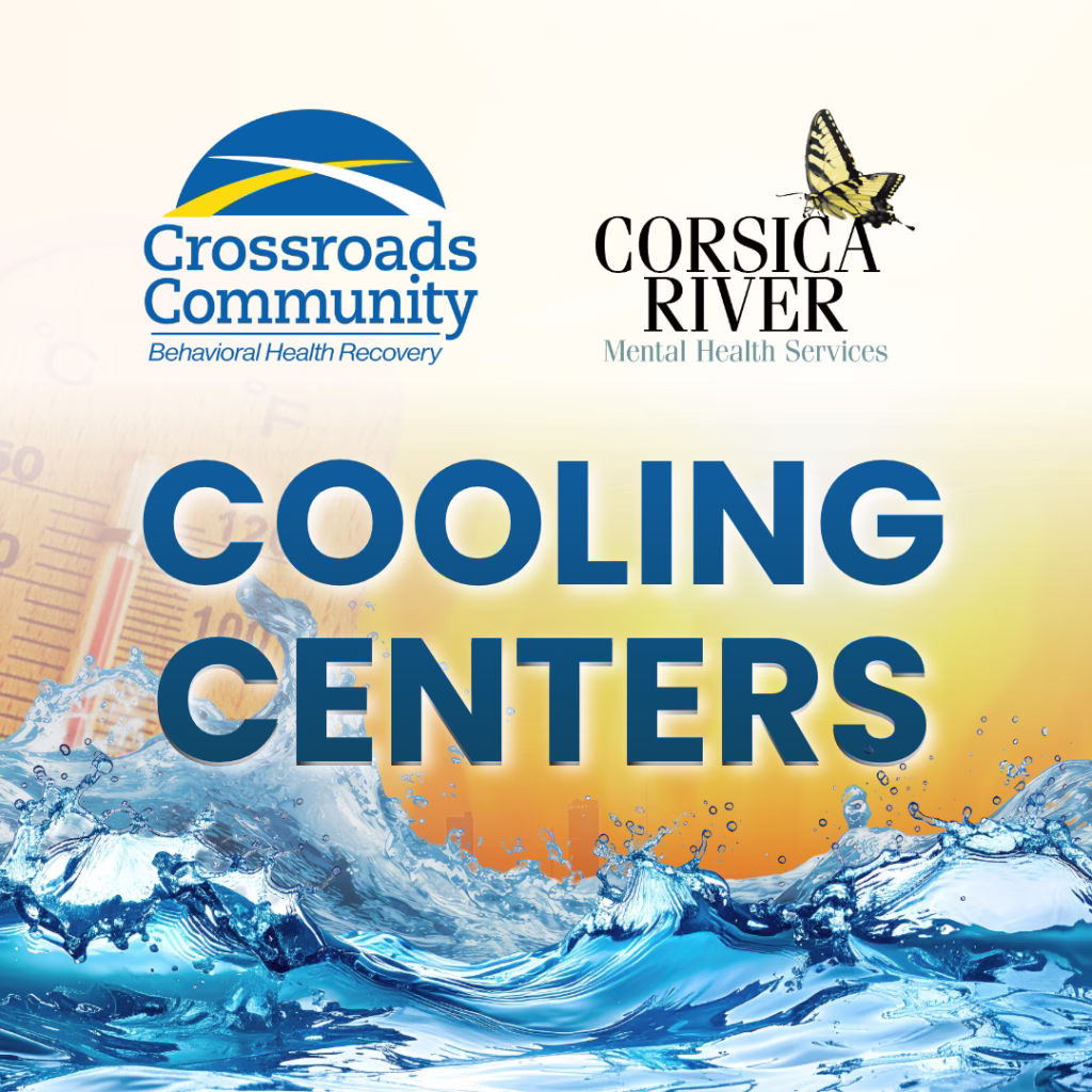 Graphic promoting cooling centers, featuring the Crossroads Community and Corsica River Mental Health Services logos above large blue text reading “Cooling Centers,” with a thermometer, yellow heat background, and splashing water.